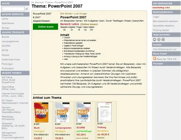 Screenshot der TEIA-Website: PowerPoint 2007, Lernprogramm mit Beispielaufgaben